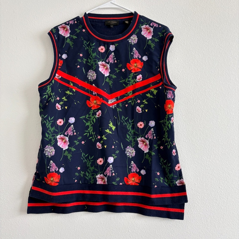 Ted Baker Top Women 4/XL Blue Floral Namib Silk Blend Classic Office Sleeveless